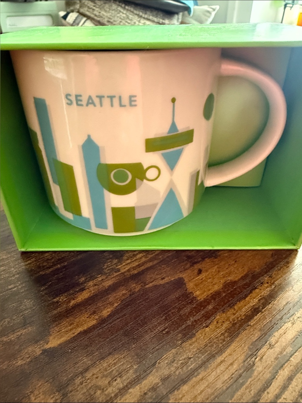 Starbucks Seattle Skyline Mug - White with Blue & Green Accents